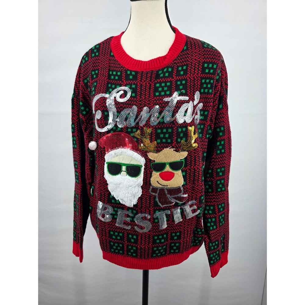 No Boundaries Santas Bestie Christmas Sweater Sequin Reindeer Red Green Large